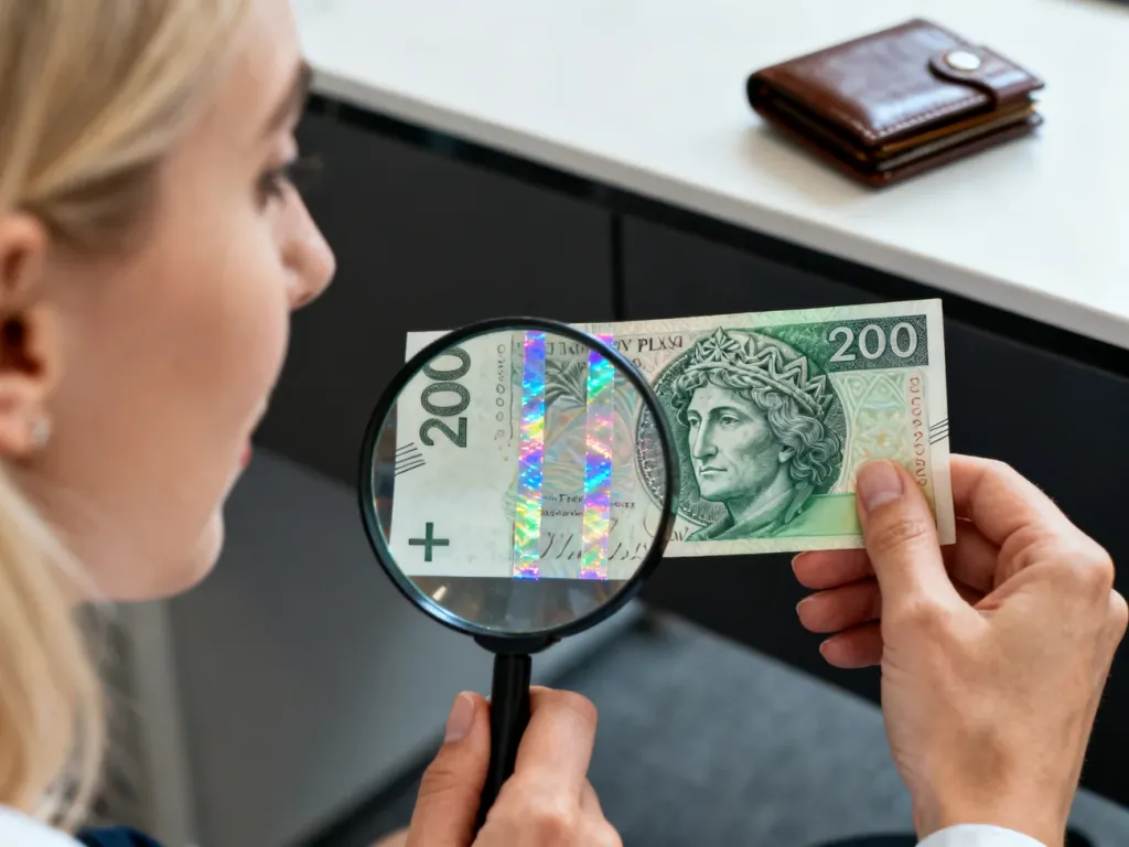 Kobieta przygląda się banknotowi 200 zł przez lupę, sprawdzając fakturę papieru i zabezpieczenia holograficzne.