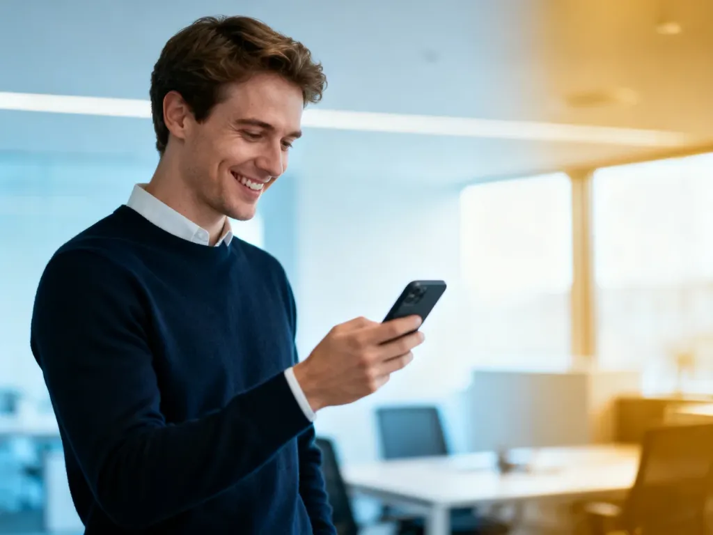 Zadowolony mężczyzna w nowoczesnym biurze sprawdza telefon, co symbolizuje szybkie i sprawne otrzymanie przelewu z zagranicy.