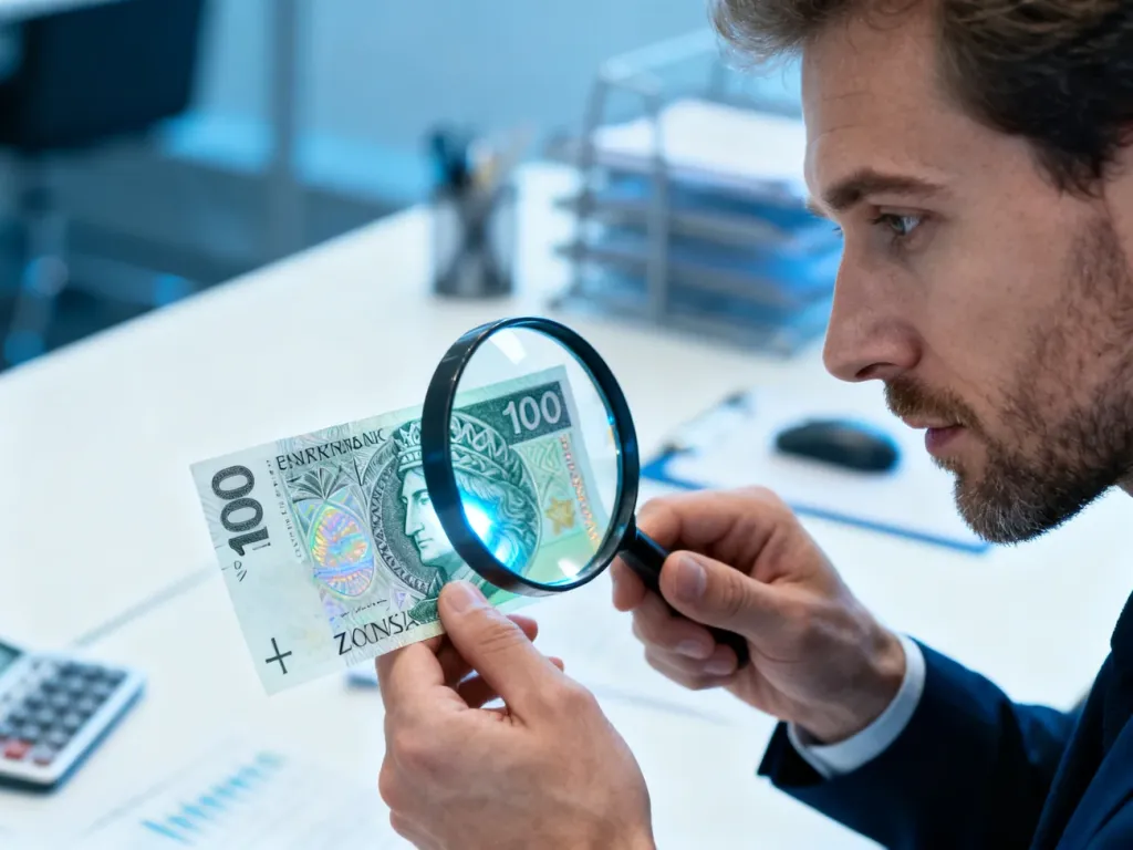 Mężczyzna sprawdza autentyczność banknotu 100 zł za pomocą szkła powiększającego, eksponując zabezpieczenia i znaki wodne.