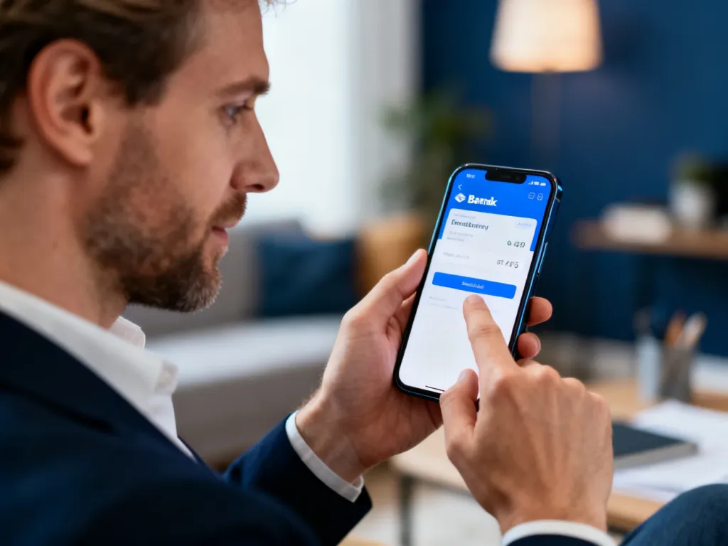 Mężczyzna obsługujący aplikację bankową na smartfonie w domowym biurze, co ilustruje proces zmiany ustawień płatności BLIK.