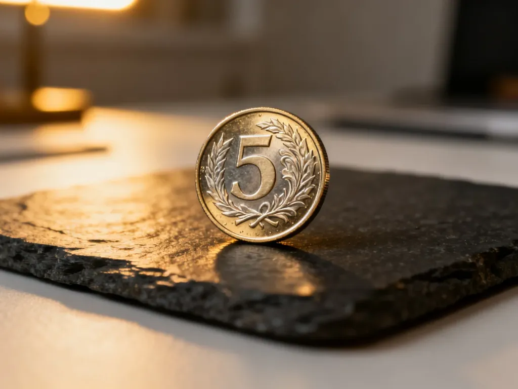 Błyszcząca moneta 5 złotych na ciemnym, fakturowanym podłożu, ukazująca szczegóły jej awersu w profesjonalnym oświetleniu.