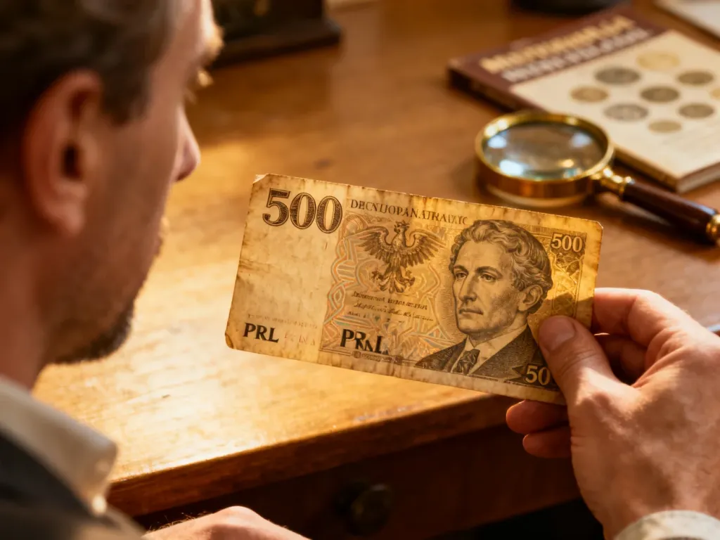 Mężczyzna trzymający w dłoniach stary banknot 500 zł z czasów PRL na tle lupy i katalogu numizmatycznego.