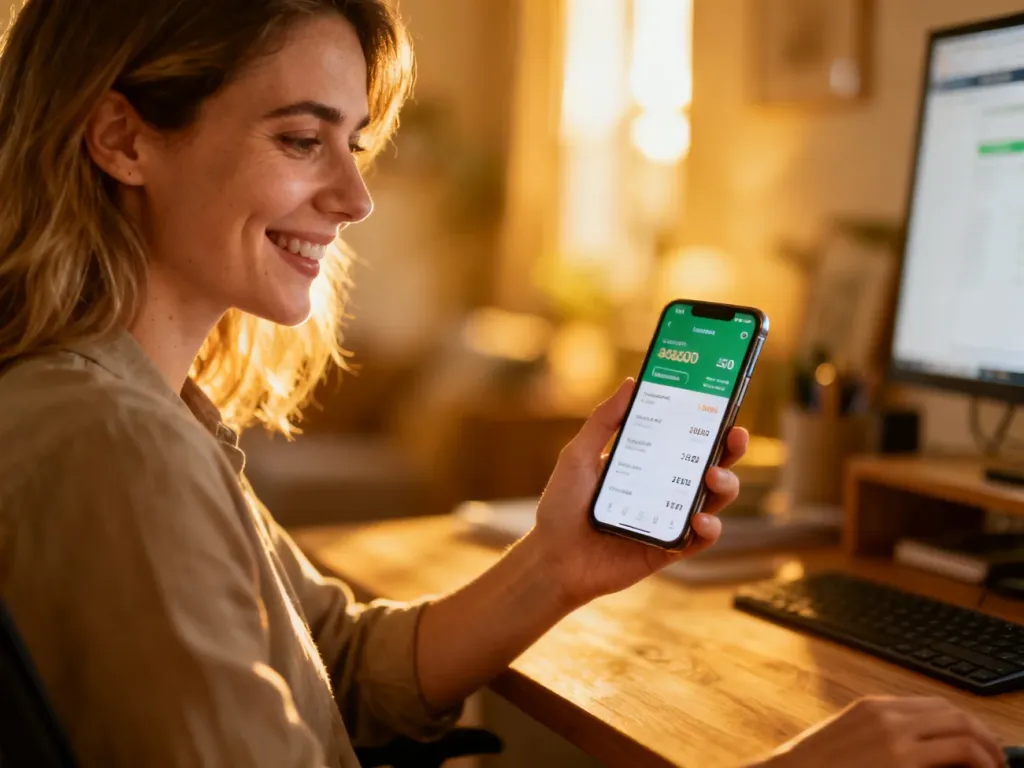 Kobieta uśmiecha się, sprawdzając stan konta w aplikacji bankowej na smartfonie w domowym biurze.