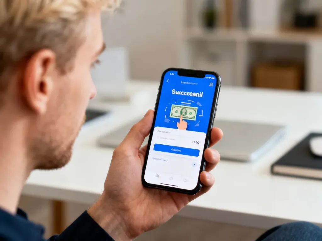 Smartfon z otwartą aplikacją bankową potwierdzającą udany przelew w nowoczesnym domowym biurze.