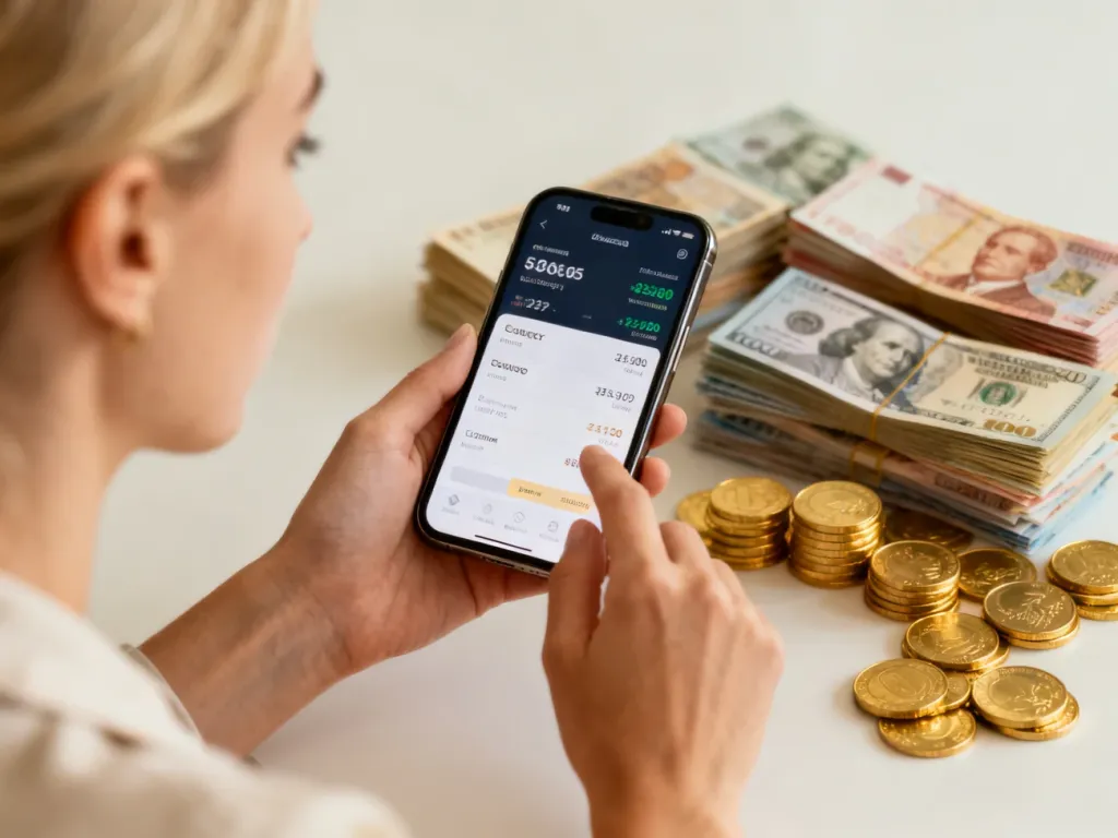 Kobieta trzymająca smartfon z aplikacją do wymiany walut na tle banknotów i złotych monet.