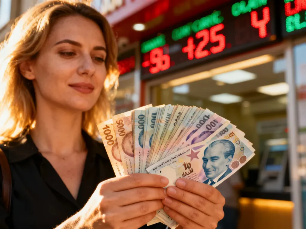 Kobieta trzymająca w dłoniach plik banknotów liry tureckiej na tle kantoru wymiany walut.