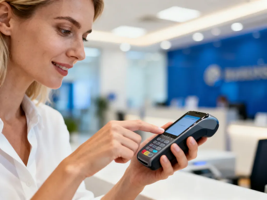 Kobieta używająca smartfona do płatności mobilnych w nowoczesnym wnętrzu banku.